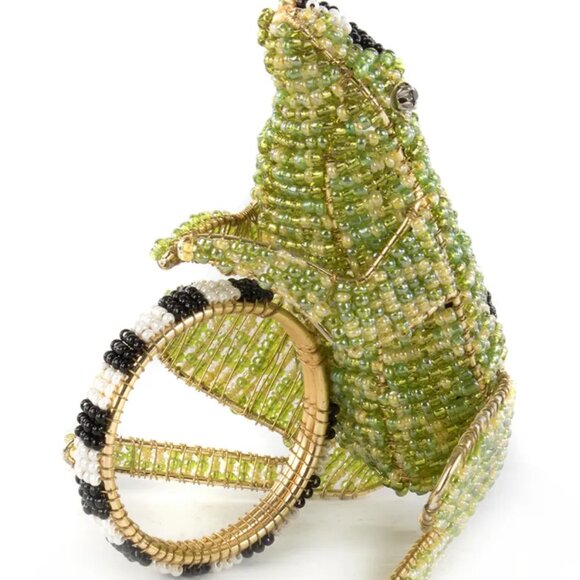 MacKENZIE CHILDS COURTLY CHECK HANDCRAFTED FROG NAPKIN RINGS NWT Beaded & Gold - Picture 2 of 14